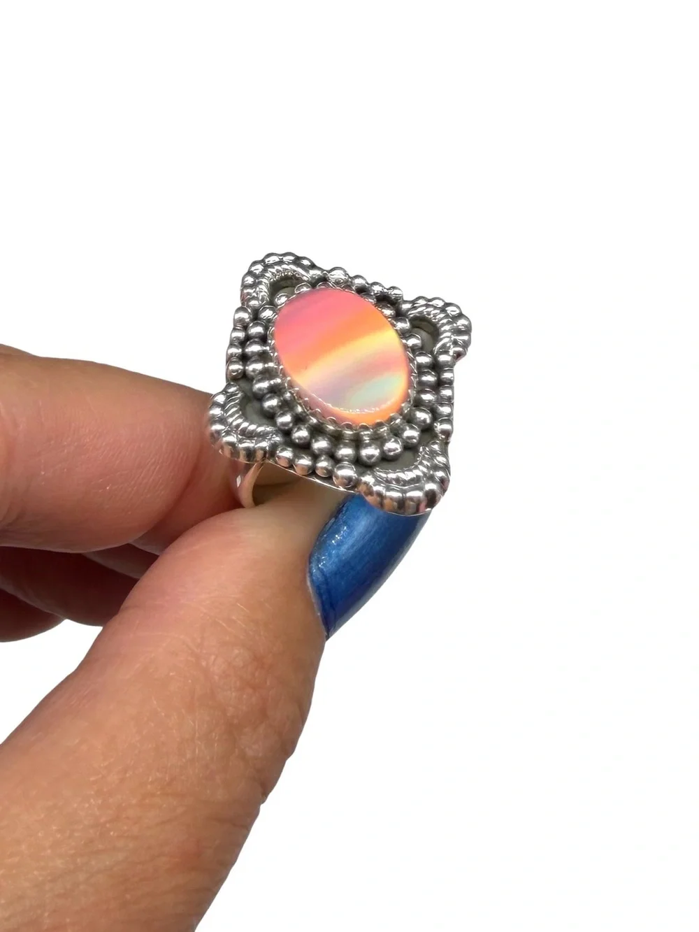 Aurora Fire Opal Ring Size 7 Solid 925 Sterling Silver Pink Aura Stone